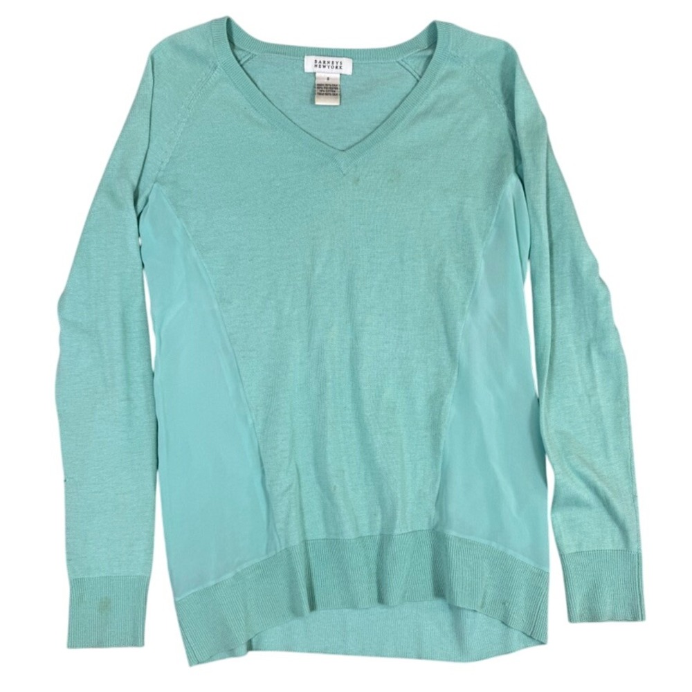 Barneys New York Silk Blend V-Neck Sweater Aqua Turquoise Mixed Media Small
